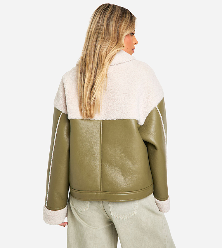 Faux Leather Teddy Trim Aviator Jacket