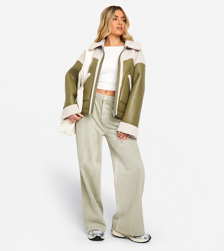 Faux Leather Teddy Trim Aviator Jacket