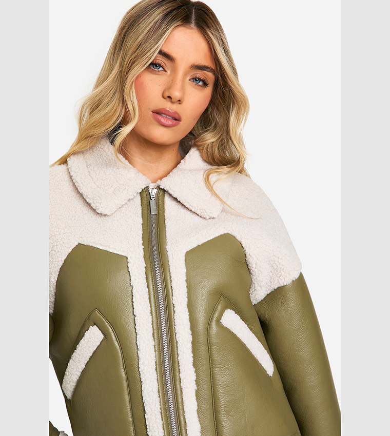 Faux Leather Teddy Trim Aviator Jacket