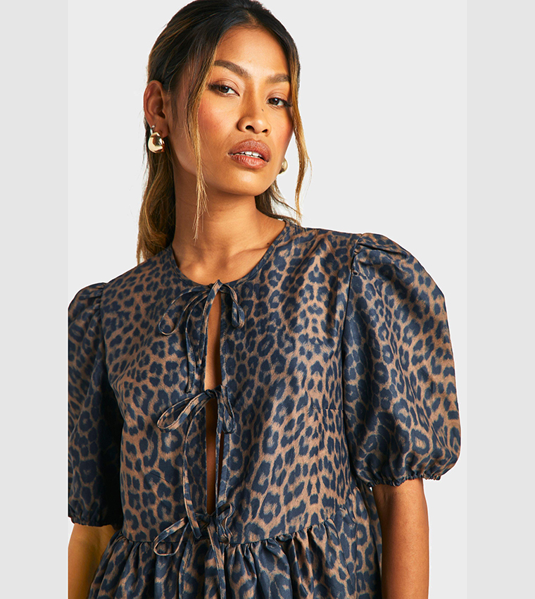 Leopard Print Tie Front Mini Dress