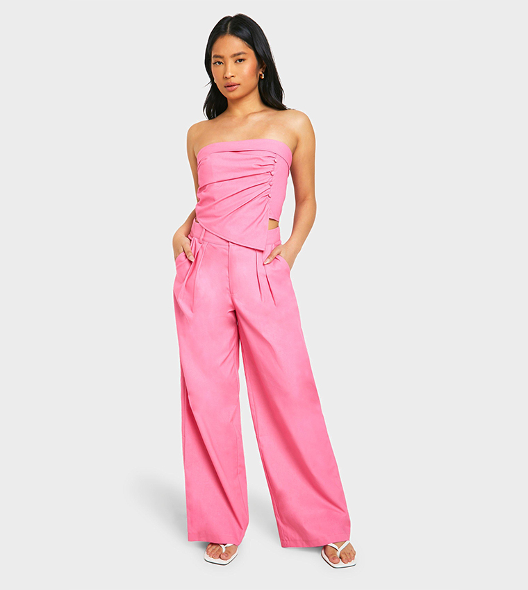 Buy Boohoo Petite Linen Look Tailored Wide Leg Trouser In Pink