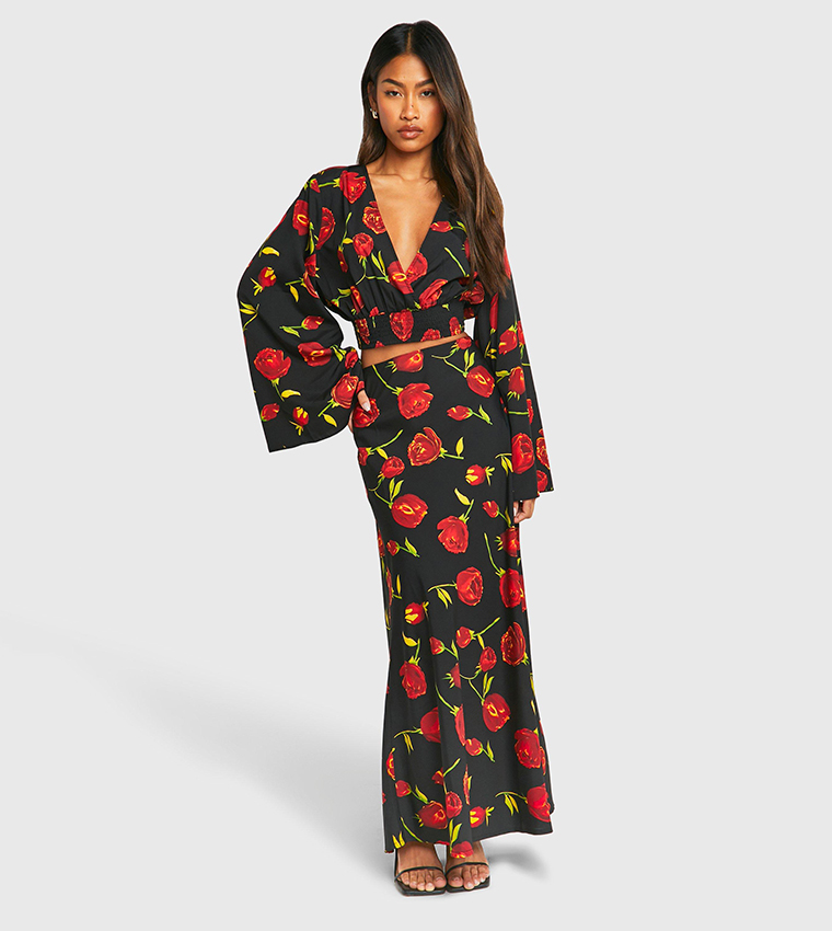 Buy Boohoo Floral Print Maxi Skirt In Black 6thStreet UAE