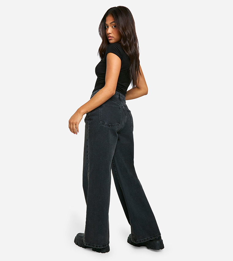 Petite Washed High Waist Wide Leg Jeans