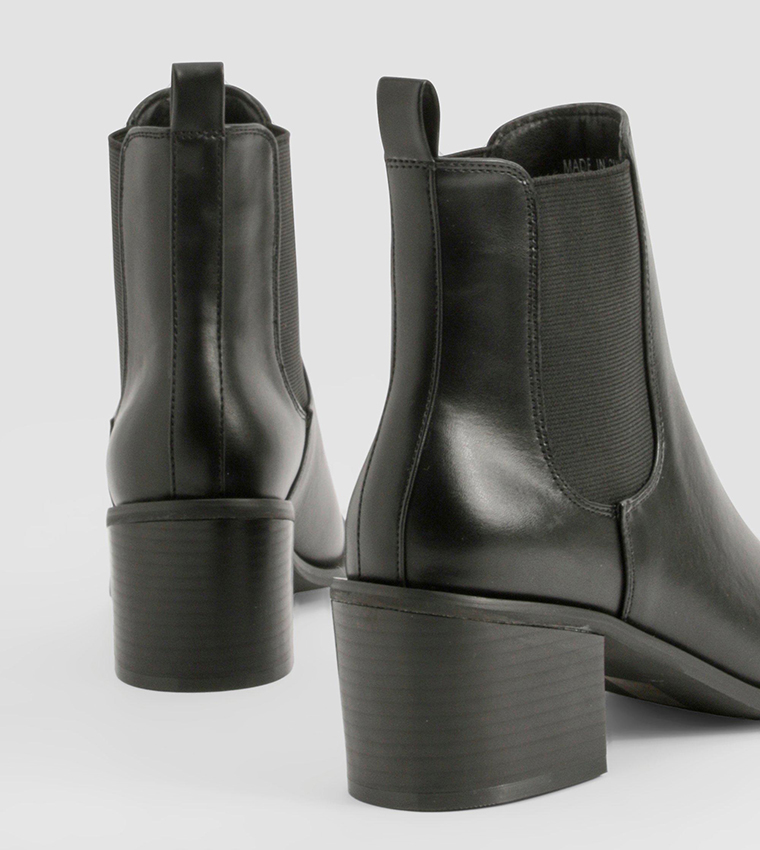 Buy Boohoo Wooden Block Heel Tab Detail Chelsea Boots In Black