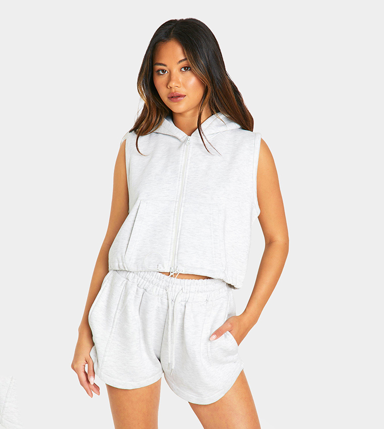 Buy Boohoo Zip Through Sleeveless Hoodie And Jacket And Short Set In Grey 6thStreet Bahrain