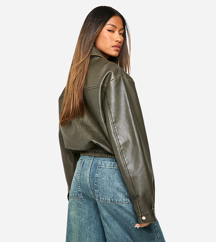 Vintage Look Faux Leather Bomber Jacket