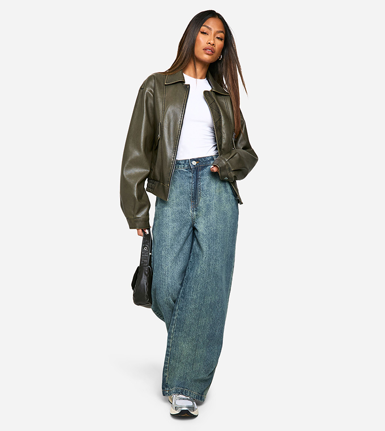 Vintage Look Faux Leather Bomber Jacket