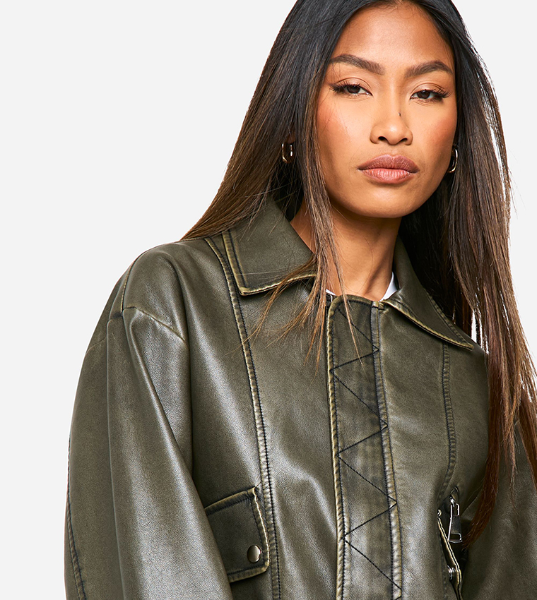 Vintage Look Faux Leather Bomber Jacket