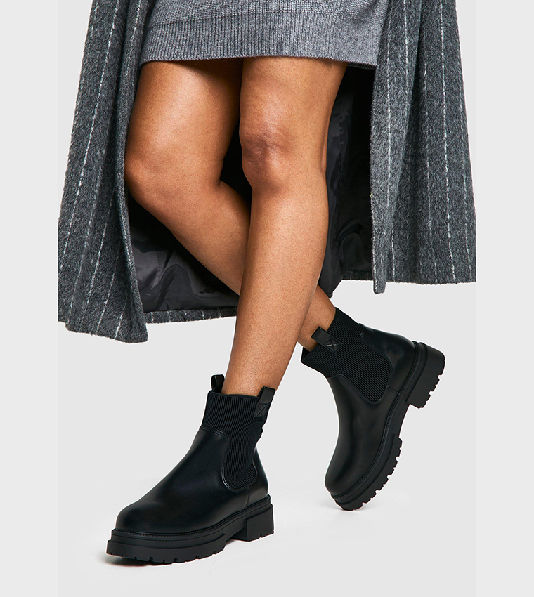 Wide Fit Double Tab Detail Chunky Chelsea Boots