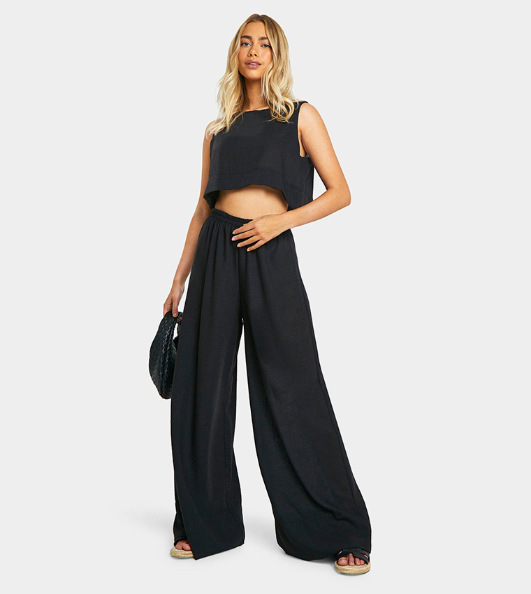 Linen Look Relaxed Fit Crop Top & Wide Leg Trousers Set