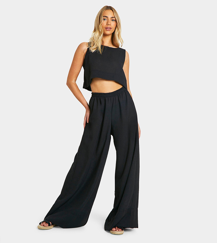 Linen Look Relaxed Fit Crop Top & Wide Leg Trousers Set