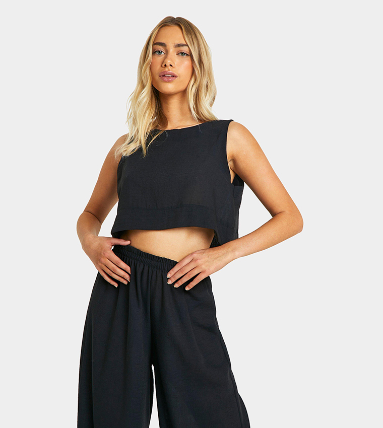 Linen Look Relaxed Fit Crop Top & Wide Leg Trousers Set