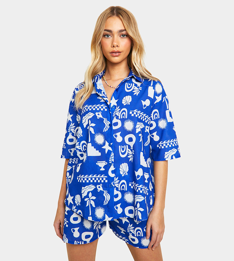 Linen Look Bohemian Print Relaxed Fit Shirt & Short Set
