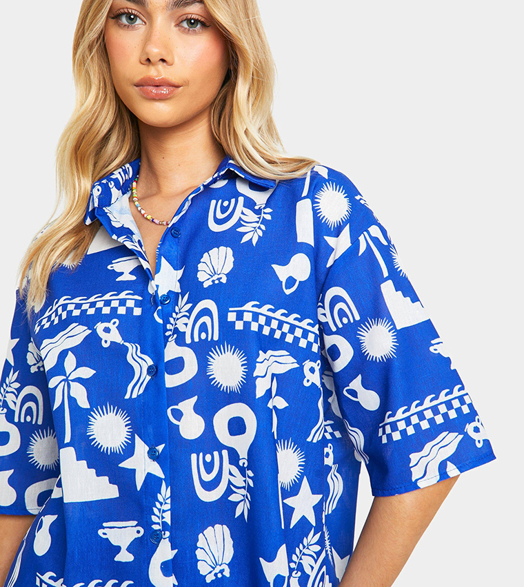 Linen Look Bohemian Print Relaxed Fit Shirt & Short Set