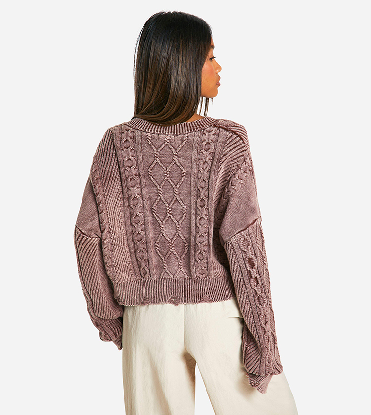 Acid Wash Distressed Cable Knit Sweater