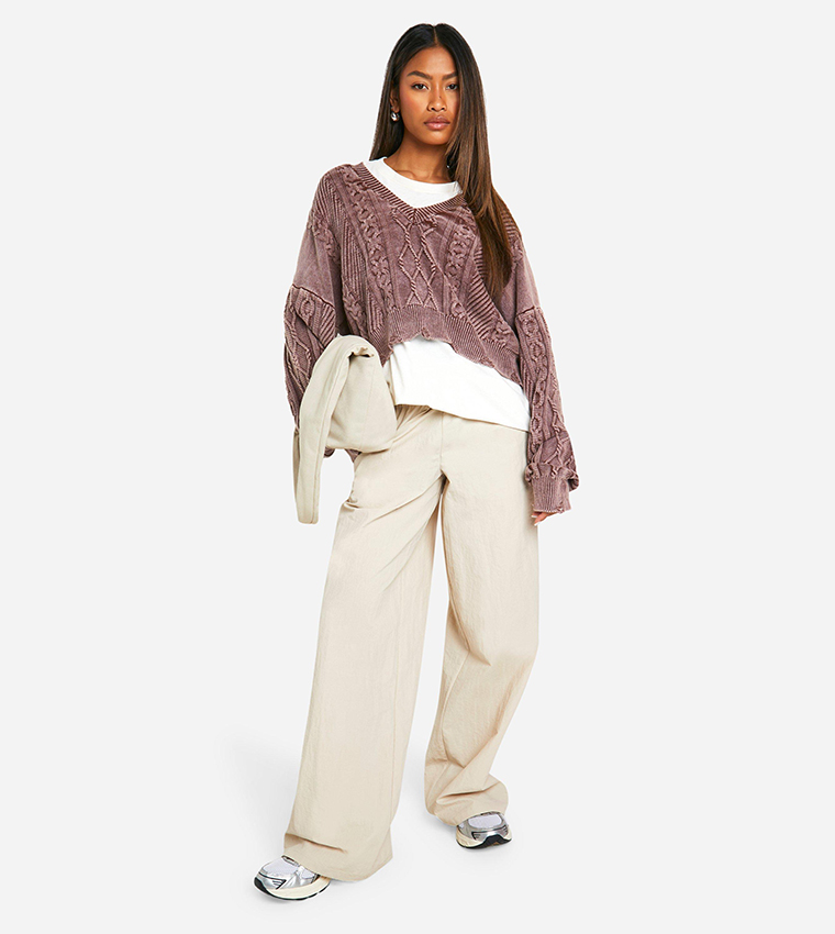 Acid Wash Distressed Cable Knit Sweater