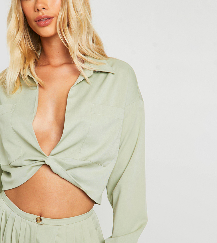 Buy Boohoo Twist Front Relaxed Fit Crop Shirt In Green 6thStreet