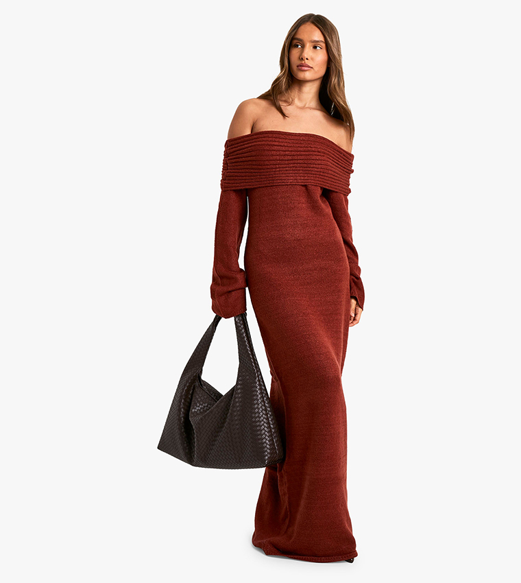 Premium Rib Bardot Neckline Soft Knit Jumper Dress