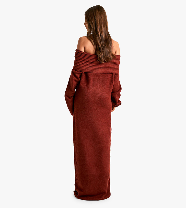 Premium Rib Bardot Neckline Soft Knit Jumper Dress