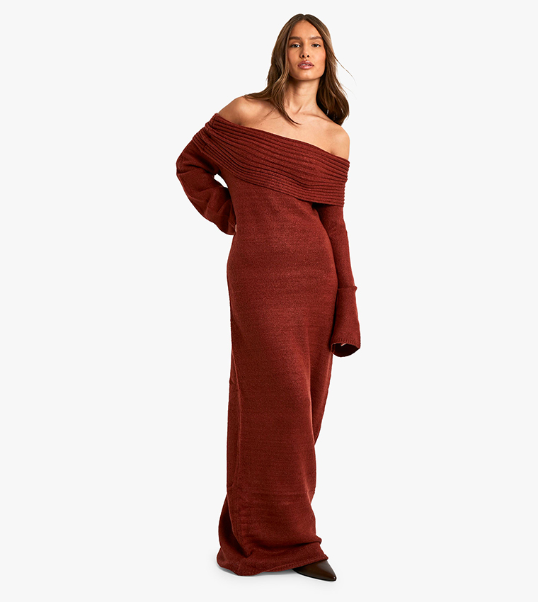 Premium Rib Bardot Neckline Soft Knit Jumper Dress