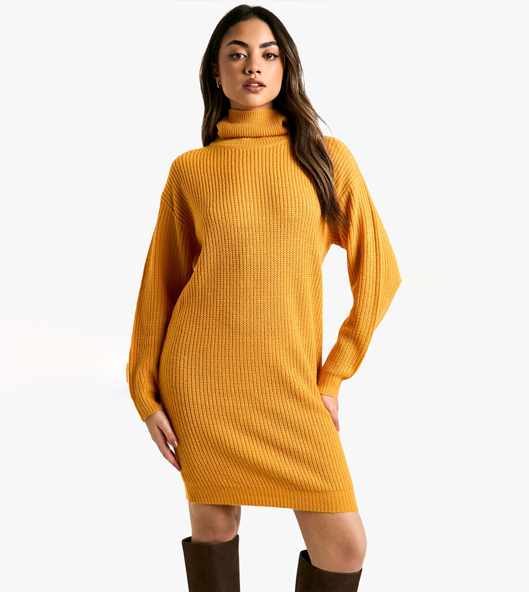 Ribbed Roll Neck Mini Sweater Dress