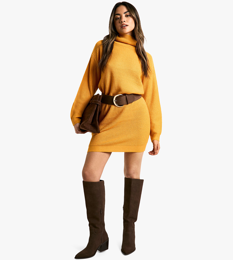 Ribbed Roll Neck Mini Sweater Dress