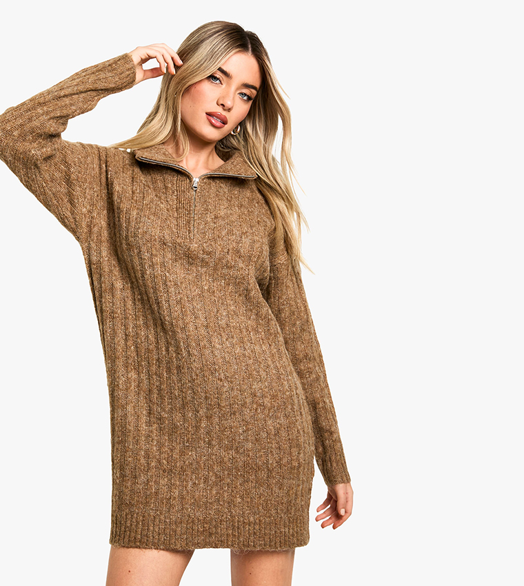 Soft Knit Thick Rib Zip Neck Oversized Jumper Dress