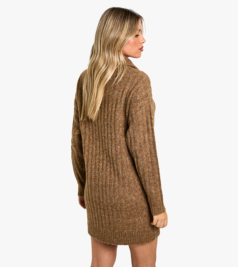Soft Knit Thick Rib Zip Neck Oversized Jumper Dress