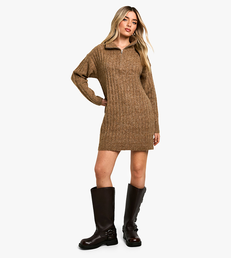 Soft Knit Thick Rib Zip Neck Oversized Jumper Dress
