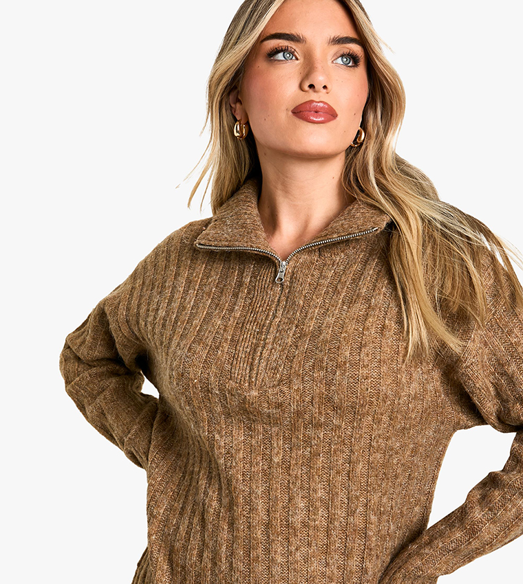 Soft Knit Thick Rib Zip Neck Oversized Jumper Dress