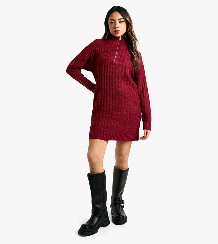 Soft Knit Thick Rib Zip Neck Oversize Mini Dress