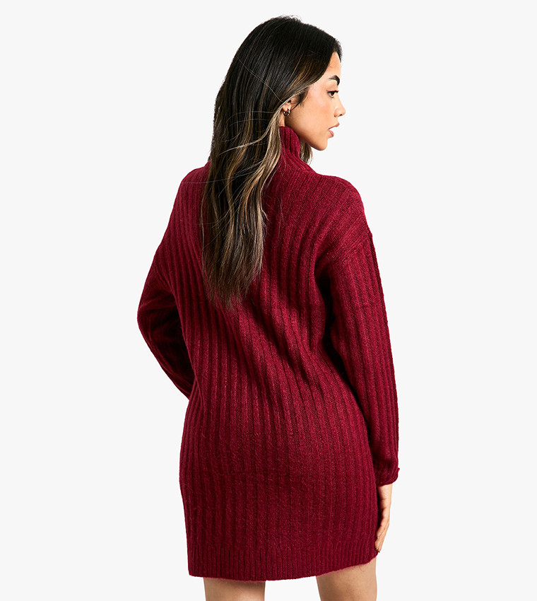 Soft Knit Thick Rib Zip Neck Oversize Mini Dress