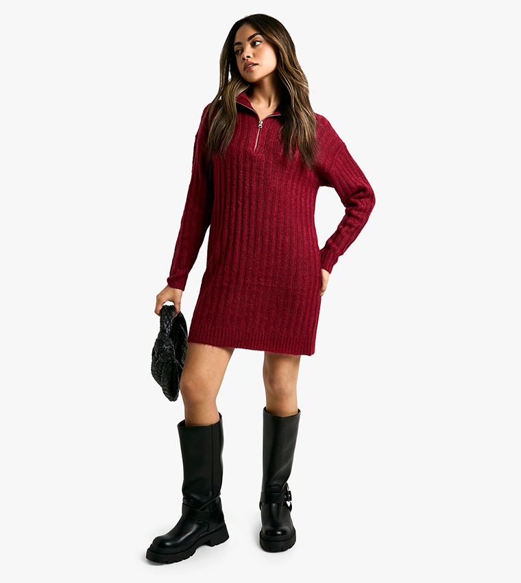 Soft Knit Thick Rib Zip Neck Oversize Mini Dress
