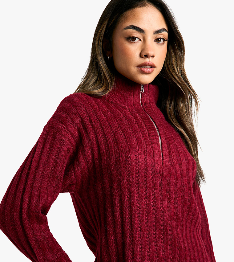Soft Knit Thick Rib Zip Neck Oversize Mini Dress