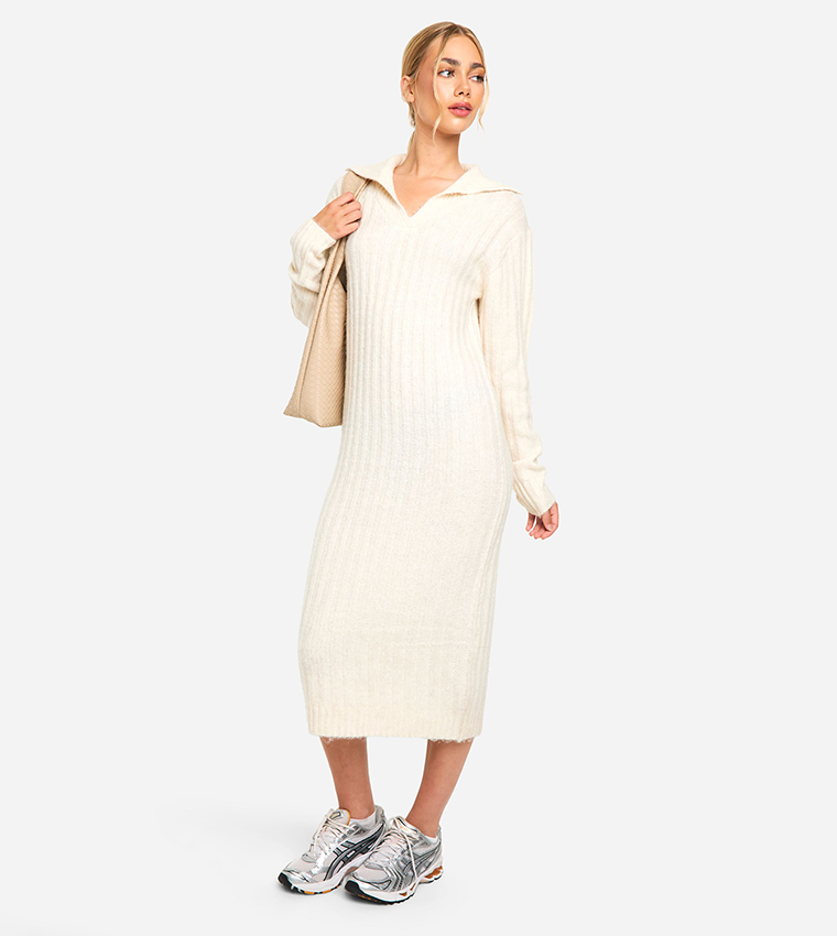 Soft Knit Thick Rib Collar Detail Midi Dress