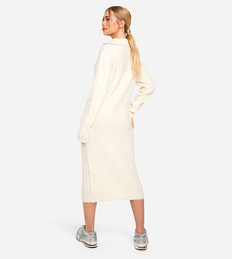 Soft Knit Thick Rib Collar Detail Midi Dress