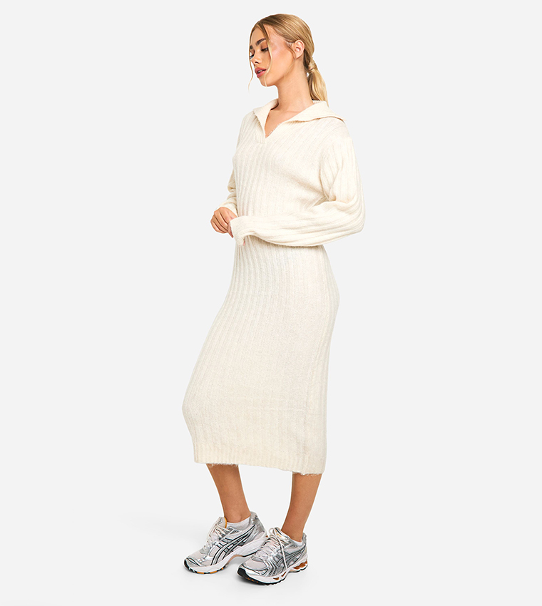 Soft Knit Thick Rib Collar Detail Midi Dress