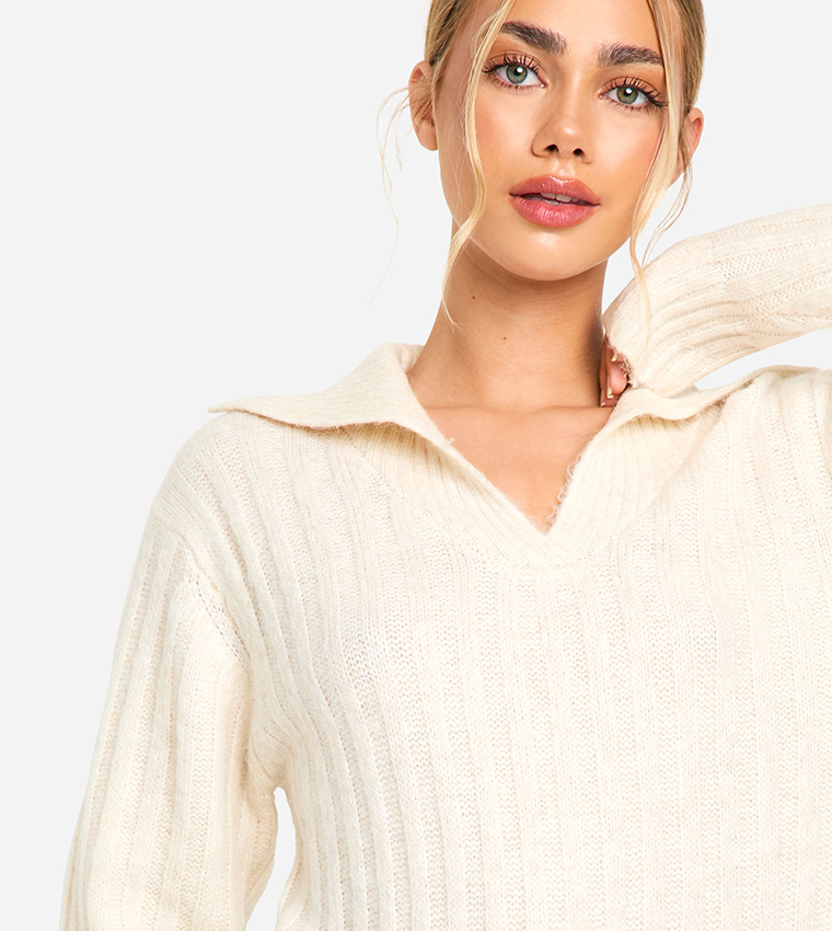 Soft Knit Thick Rib Collar Detail Midi Dress