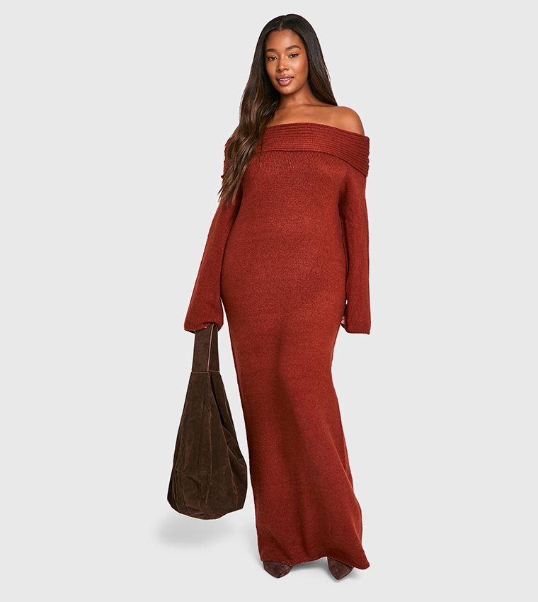 Buy Boohoo Curve Premium Ribbed Oversized Maxi Sweater Dress In Brown |  6thstreet Oman