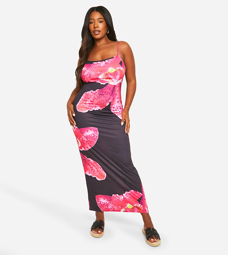 Buy Boohoo Curve Large Floral Printed Maxi Dress In Black