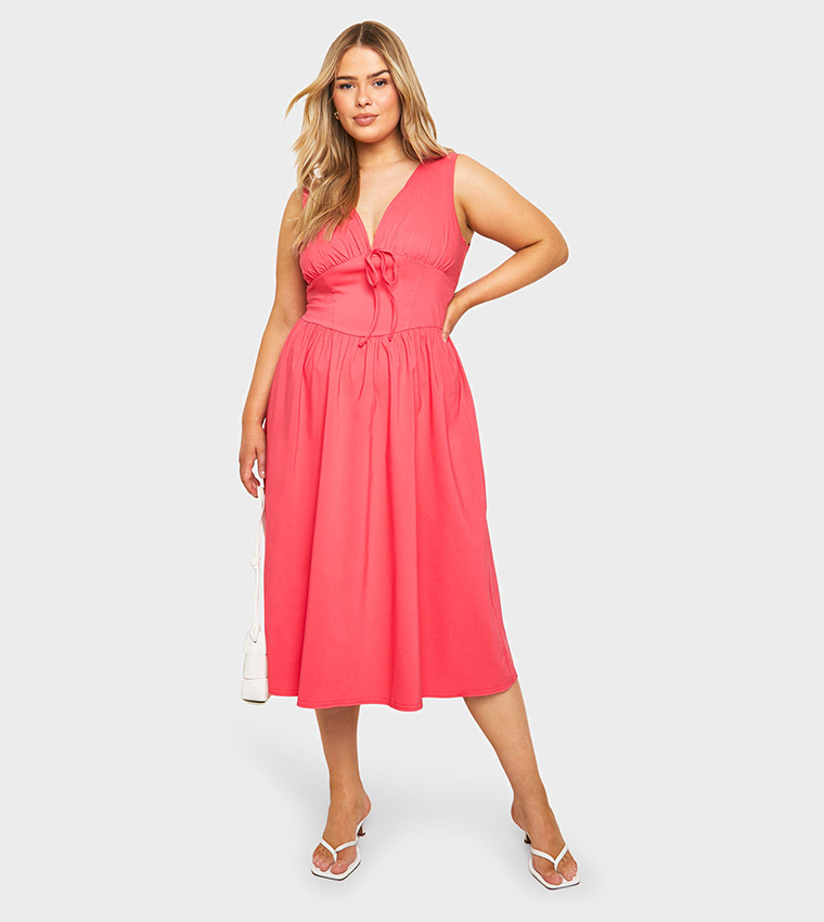 Buy Boohoo Curve Bengaline Plunge Corset Midi Skater Dress In Pink