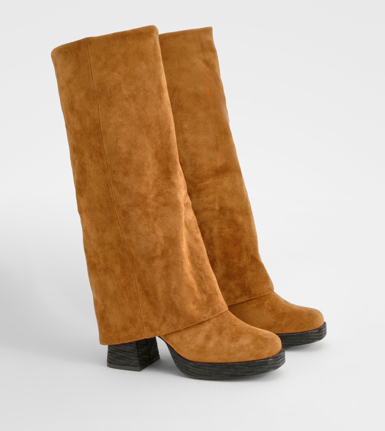 Stacked Heel Fold Over Knee High Boots