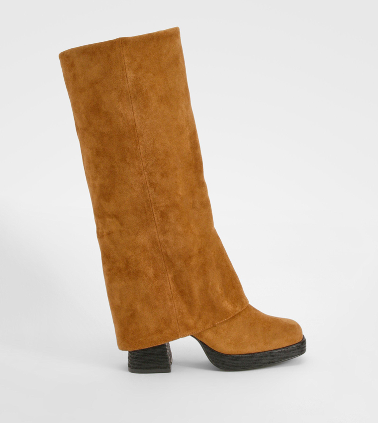 Stacked Heel Fold Over Knee High Boots