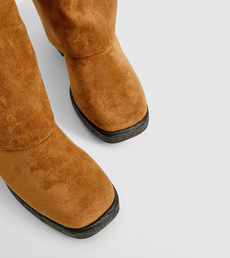 Stacked Heel Fold Over Knee High Boots