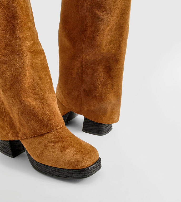 Stacked Heel Fold Over Knee High Boots