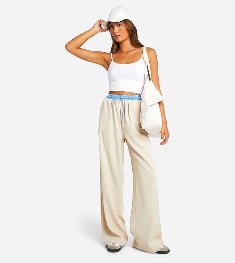 Contrast Waistband Wide Leg Trousers