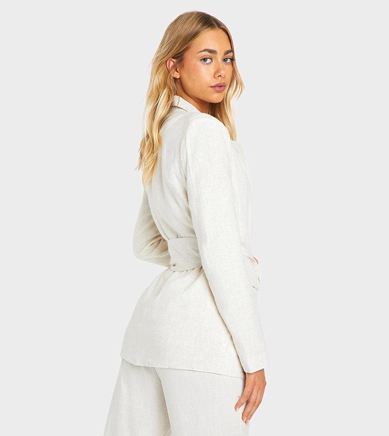 Linen Look Obi Tie Waist Tailored Blazer