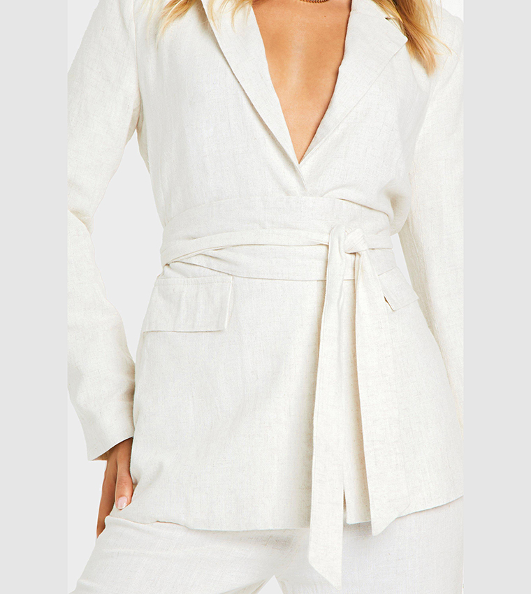 Linen Look Obi Tie Waist Tailored Blazer