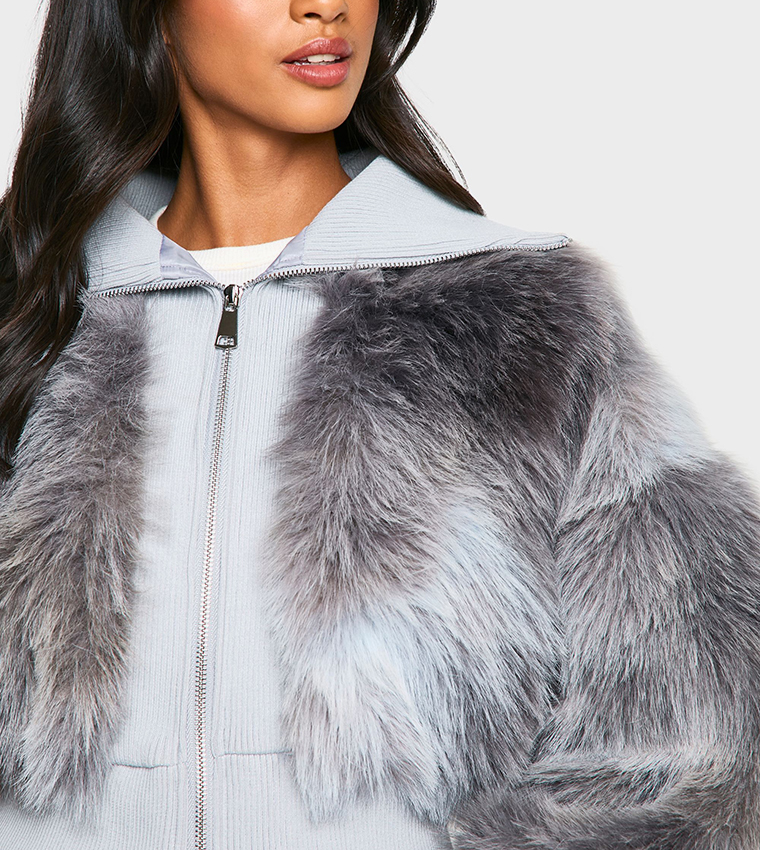 Petite Rib Detail Faux Fur Cropped Jacket