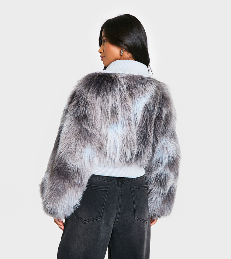 Petite Rib Detail Faux Fur Cropped Jacket